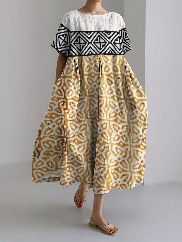 Comstylish Indigo Floral Ethnic Natural Block Print Linen Maxi Dress