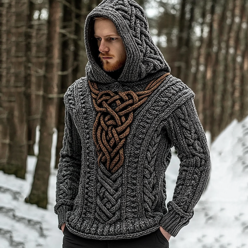 Men's Viking Celtic Knotwork Pattern Cozy Knit Hooded Sweater artswardrobe