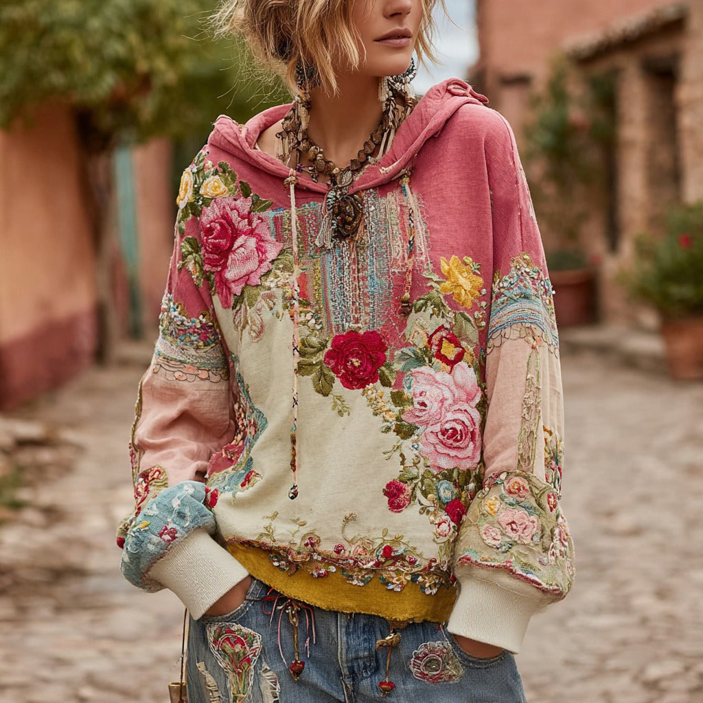 Comstylish Women's Bohemian Floral Embroidery Art Crew Neck Cotton Hoodie
