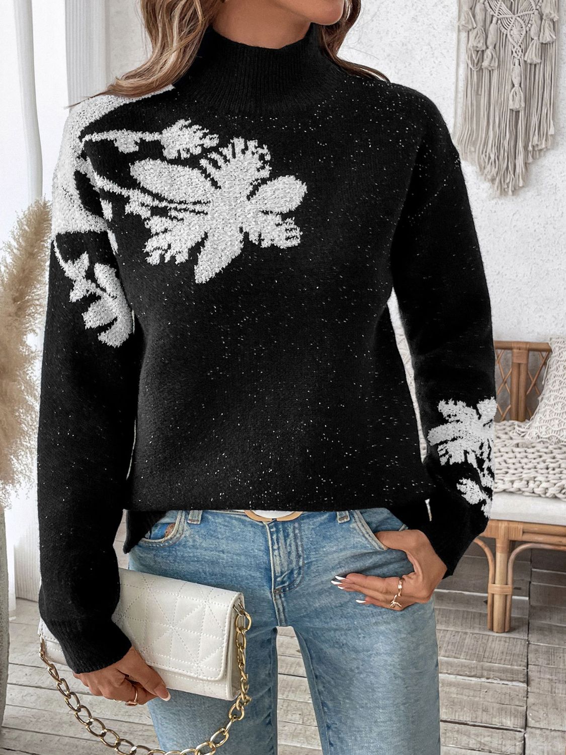 Lisette® | Perfee Flower stand-up collar long sleeve sweater