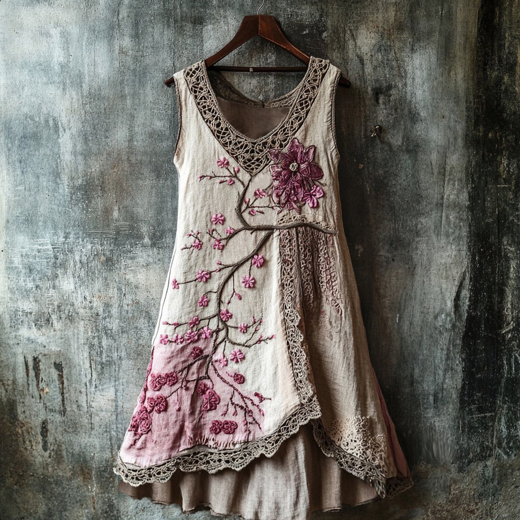 Comstylish Women's Cherry Blossom Embroidery Lace Patchwork Art Linen Tank Dress