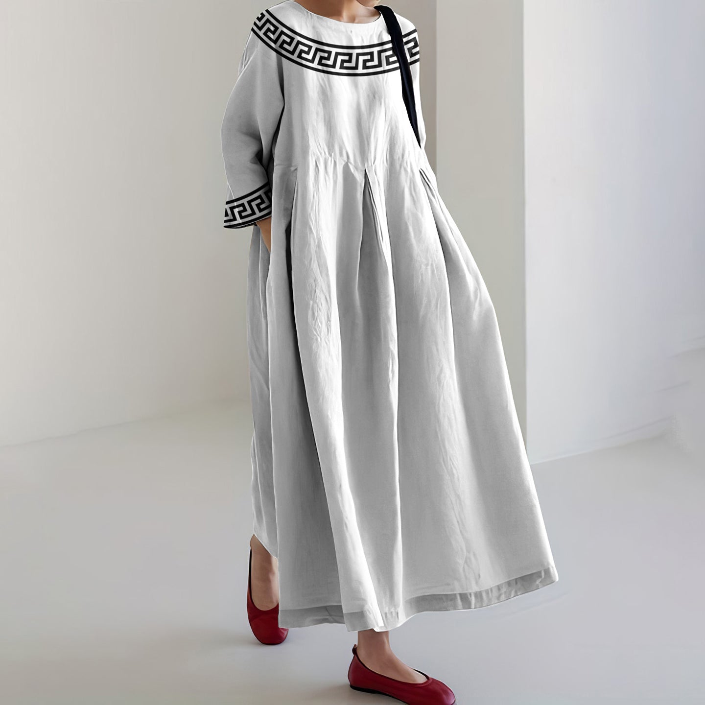 Greek Key Print Crew Neck Loose Midi Dress artswardrobe