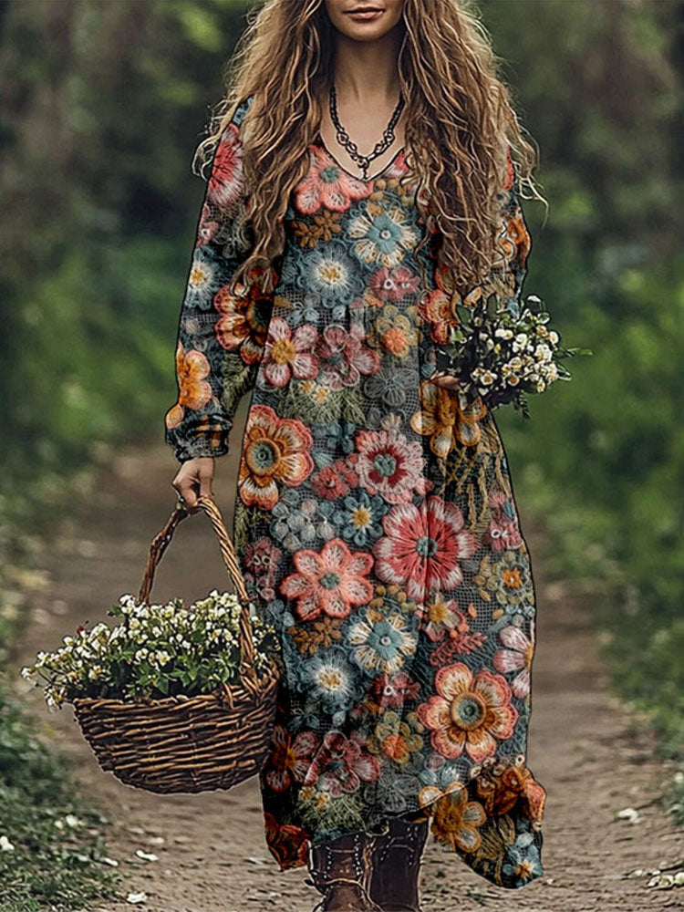 Vintage Boho Flowers Embroidered Linen Blend Maxi Dress artswardrobe