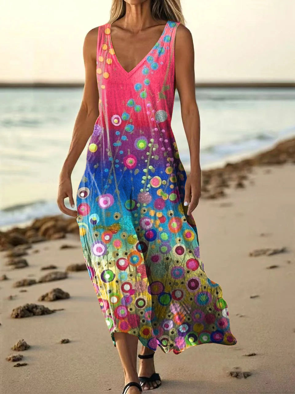 Women's Vintage Floral Art Print Pocket Cotton Dress