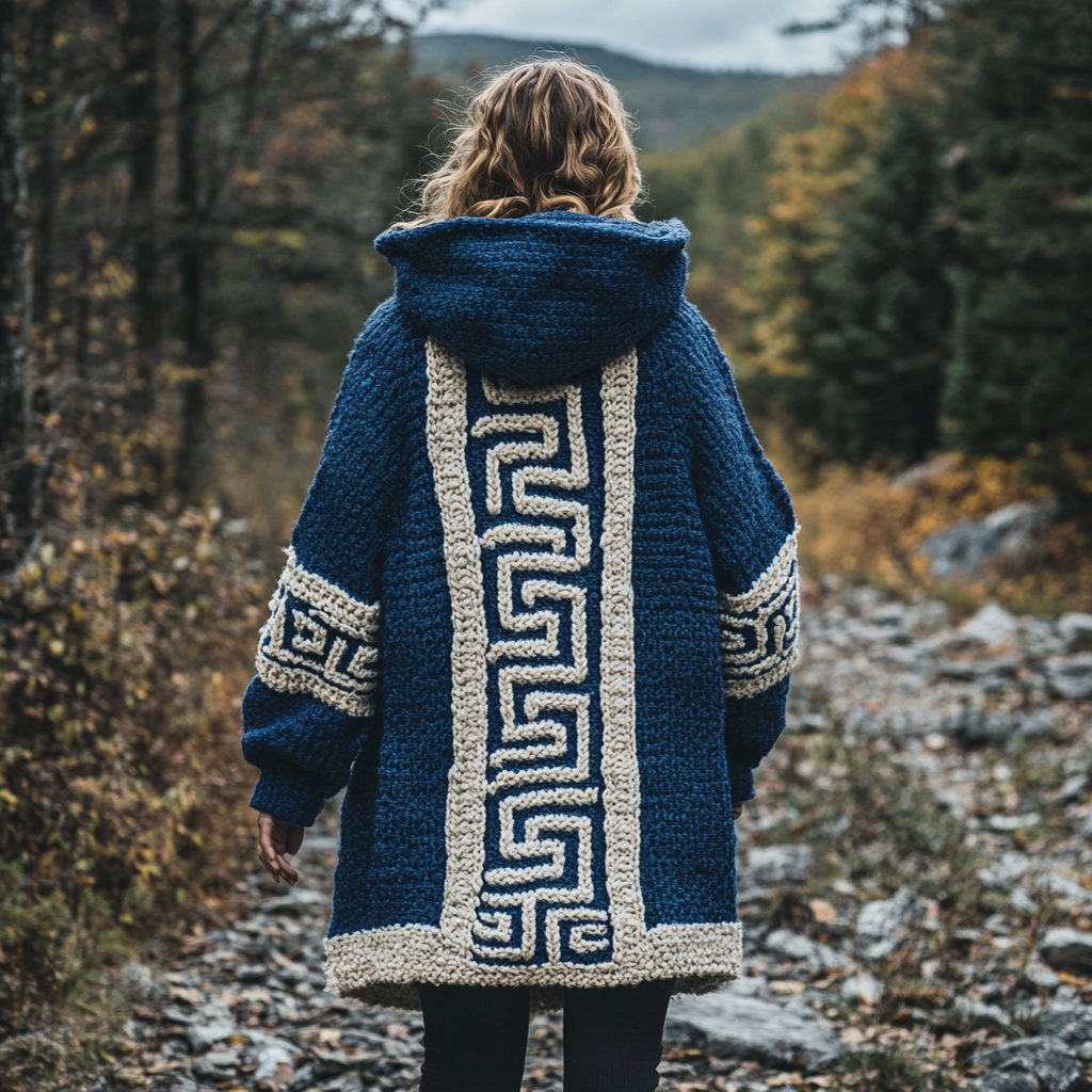 Women's Greek Art Inspired Jacquard Knit Cozy Hooded Cardigan artswardrobe