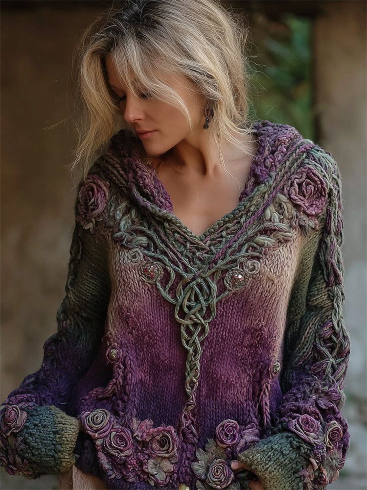 Vintage Purple Roses Celtic Knot Cozy Hooded Sweater artswardrobe