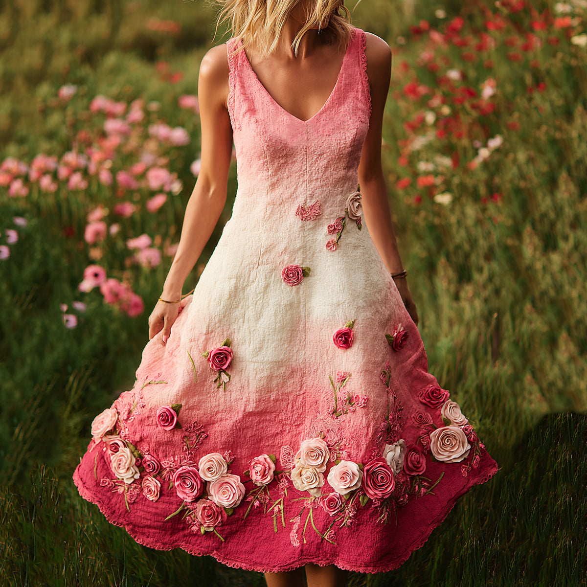 Pink Rose Embroidered Gradient Linen Tank Dress artswardrobe