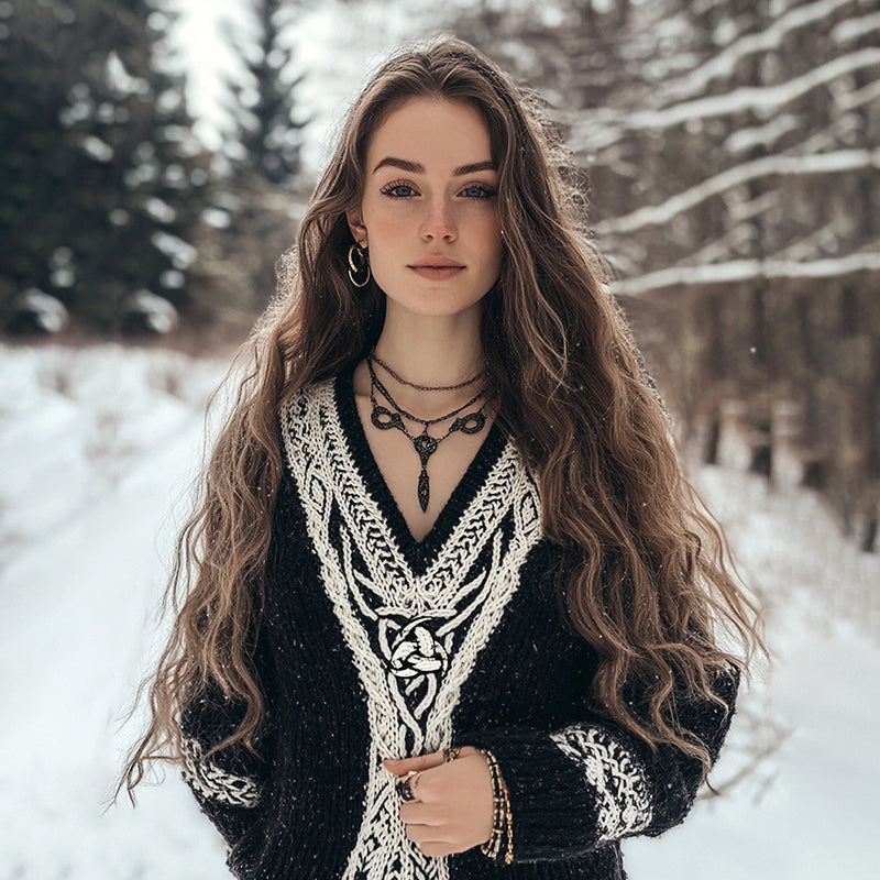 Women's Viking Style Celtic Knot V Neck Knitted Sweater artswardrobe