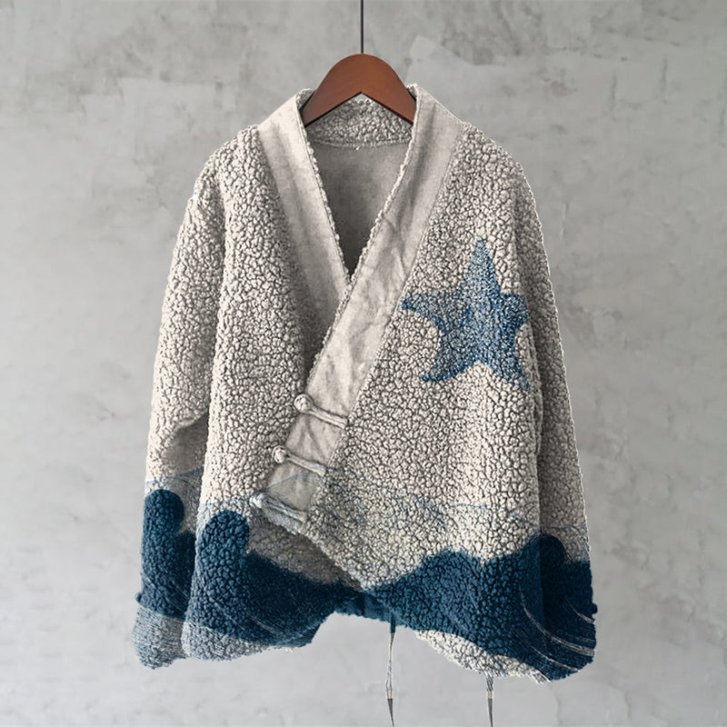 Comstylish Vintage Wave And Starfish Art Print Kimono Cardigan