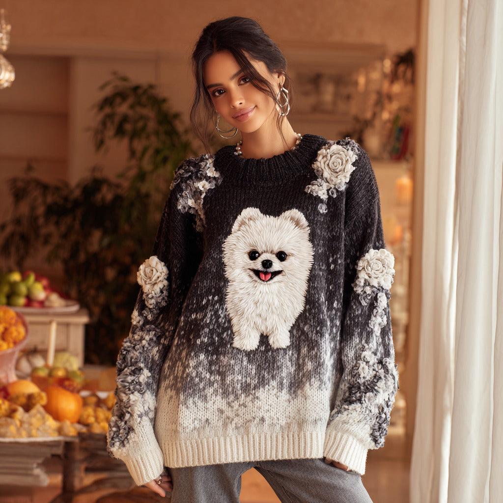 Comstylish Vintage Rose And Pomeranian Puppy Gradient Cozy Knit Sweater