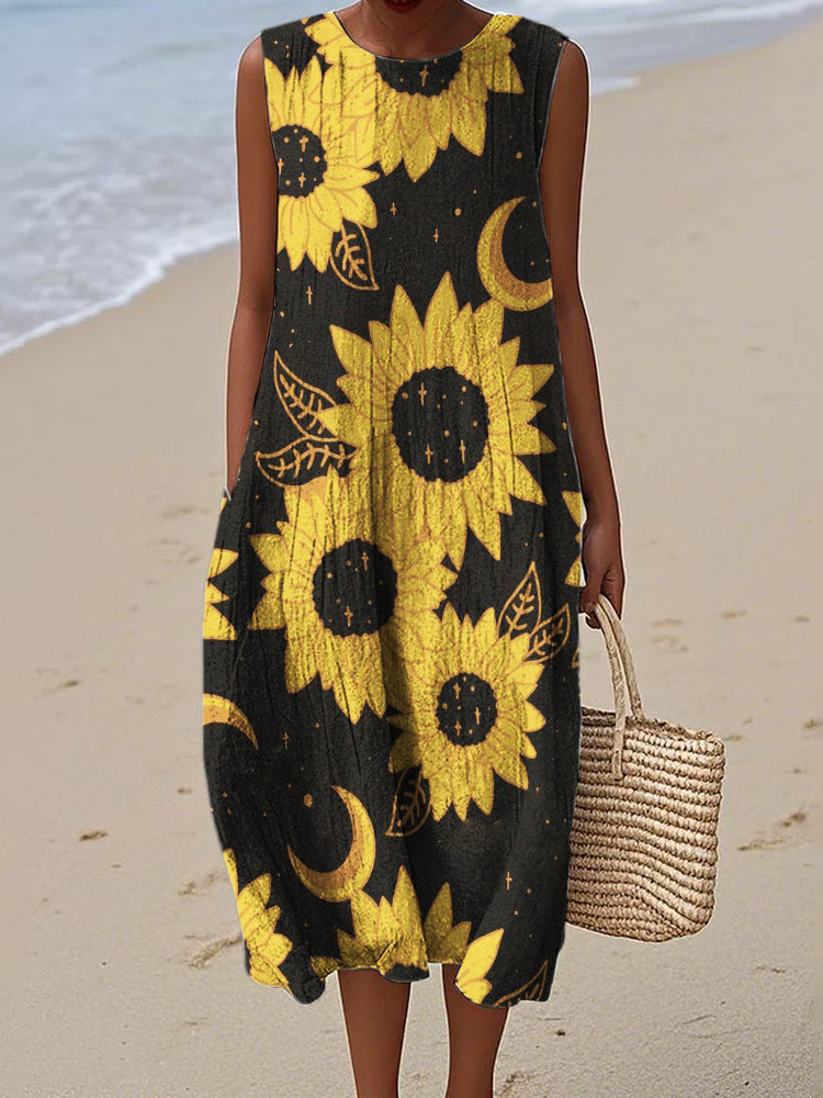 Litha Midsummer Sunflowers Pattern Flowy Linen Maxi Dress artswardrobe