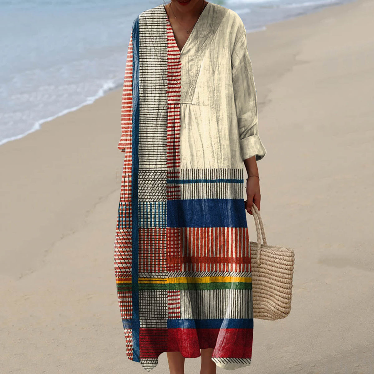 Comstylish Women's Vintage Geometric Line Art Print Cotton Dress