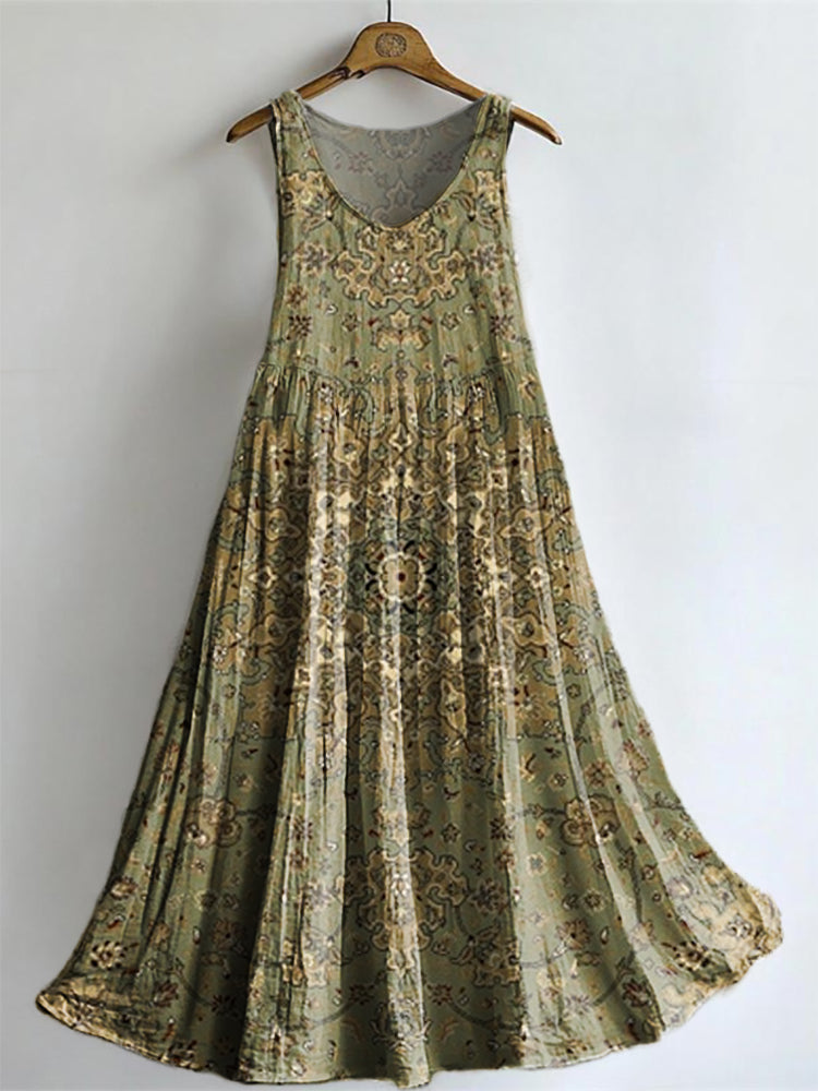 Women's Vintage Ethnic Art Pattern Print Sleeveless Cotton Pocket Dres