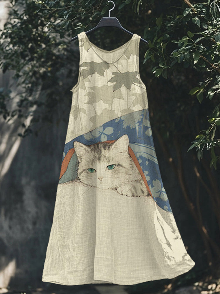 Comstylish Lovely Cat Japanese Art V Neck Linen Maxi Dress