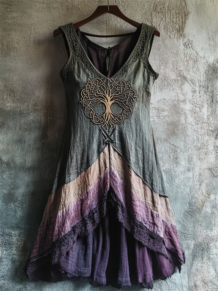 Vintage Tree Of Life Lace Hem Layered Dyed Linen Dress artswardrobe