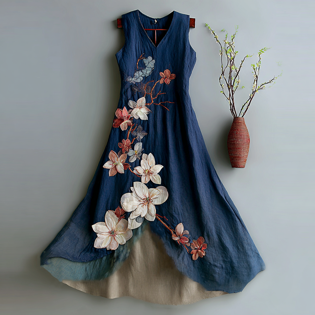 Comstylish Women's Vintage Floral Embroidery Contrast Design Linen Sleeveless Dress