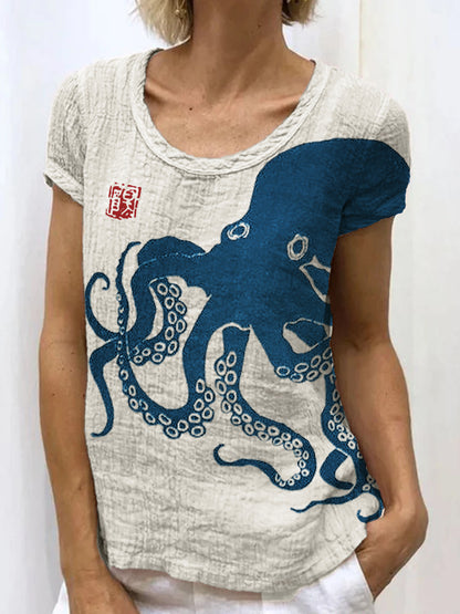 Comstylish Octopus Japanese Lino Art Linen Blend Tunic