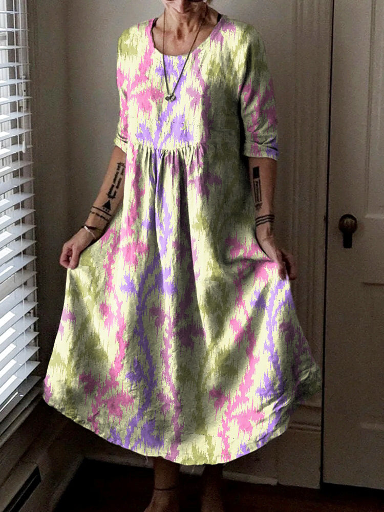 Women's Hippie Art Floral Print Crew Neck Dress