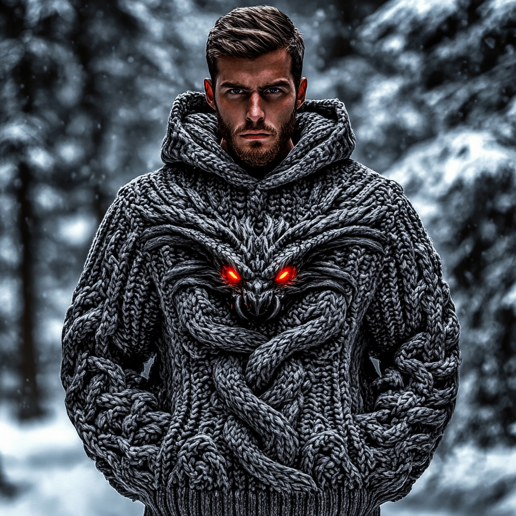 Men's Dragon Viking Celtic Chunky Knit Hooded Sweater artswardrobe