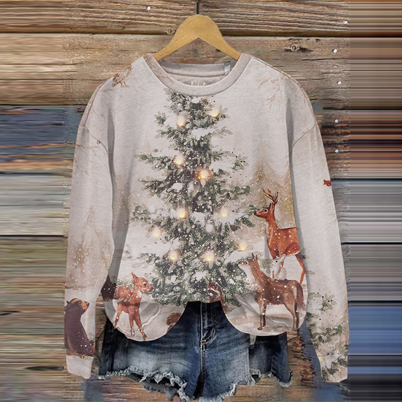Comstylish Retro Christmas Tree Print Casual Crewneck Sweatshirt
