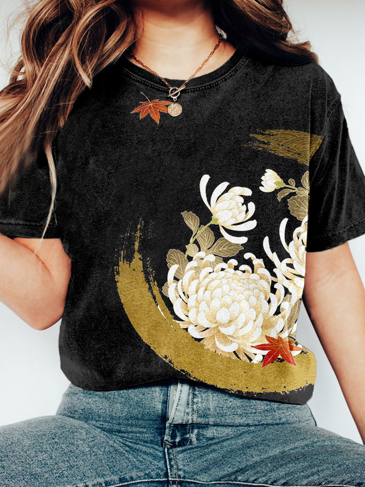 Comstylish Chrysanthemum and Maple Leaf Japanese Art Washed T Shirt