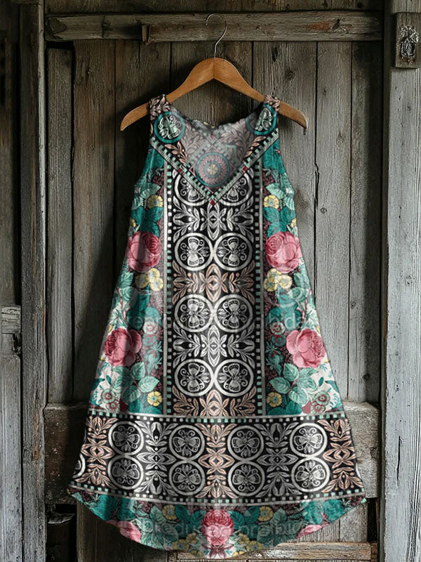 Women's Floral Embellished Pattern Art Print V-Neck Pocket Cotton Dres