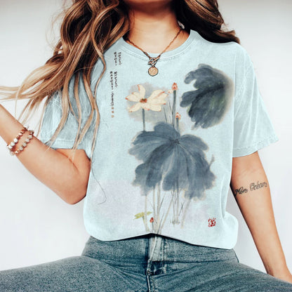 Comstylish Japanese Retro Orchid Ink Wash Painting Art Linen Casual Cotton T-Shirt
