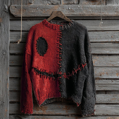 Halloween Spooky Face Contrast Stitched Cozy Knit Sweater artswardrobe