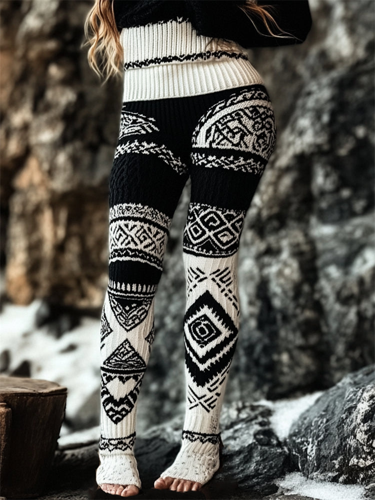 Tribal Viking Contrast Color Cozy Knit Leggings artswardrobe