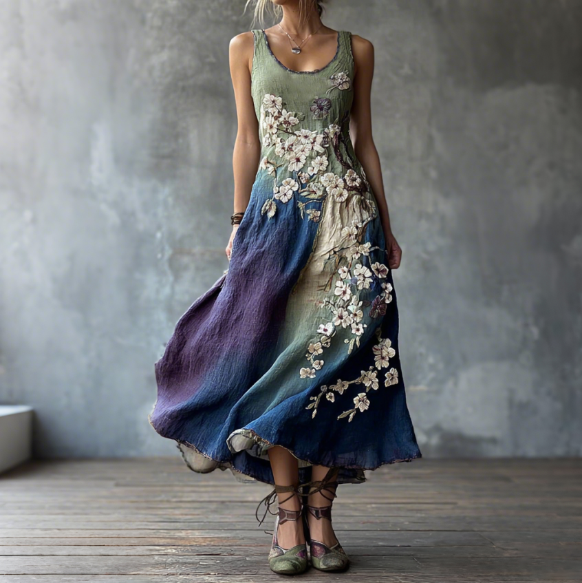 Comstylish Classy Gradient Japanese Sakura Cherry Blossoms Embroidered Pattern Linen Round Neck Long Dress