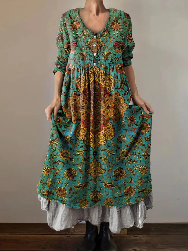 Women's Ethnic Art Patterns Print Button Pocket Cotton Dress