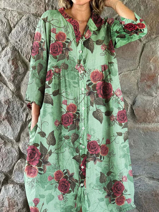 Women's Elegant Vintage Floral Print Shirt Style Cotton and Linen Dres