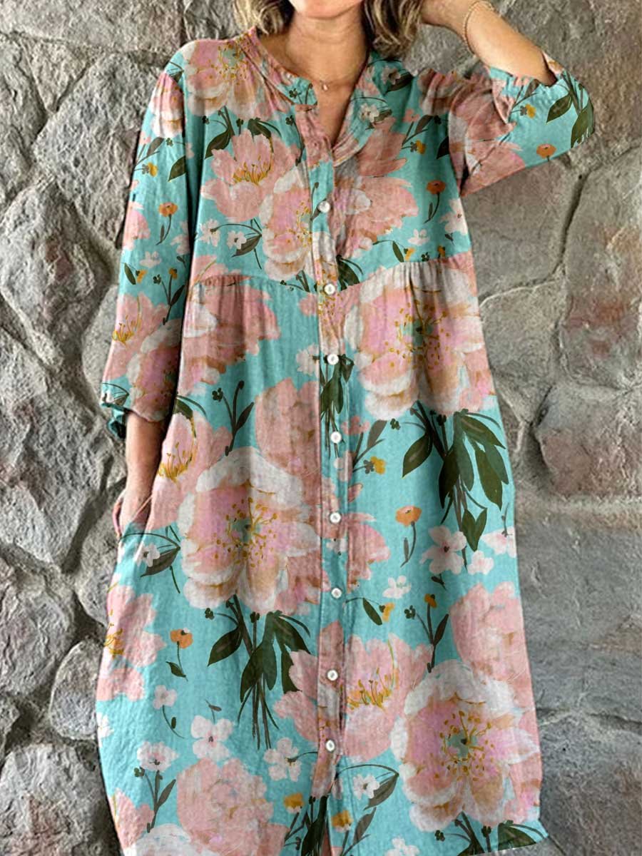 Women's Elegant Vintage Floral Print Shirt Style Cotton and Linen Dres