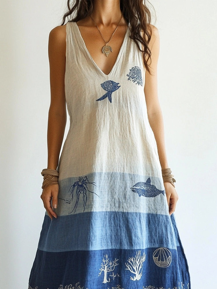 Vintage Ocean Inspired V Neck Linen Maxi Dress artswardrobe