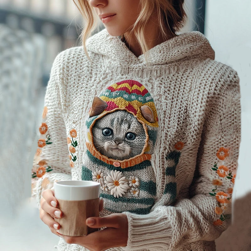 Women's Cute Winter Cat With Floral Art Knitted Warm Sweater elevenforest