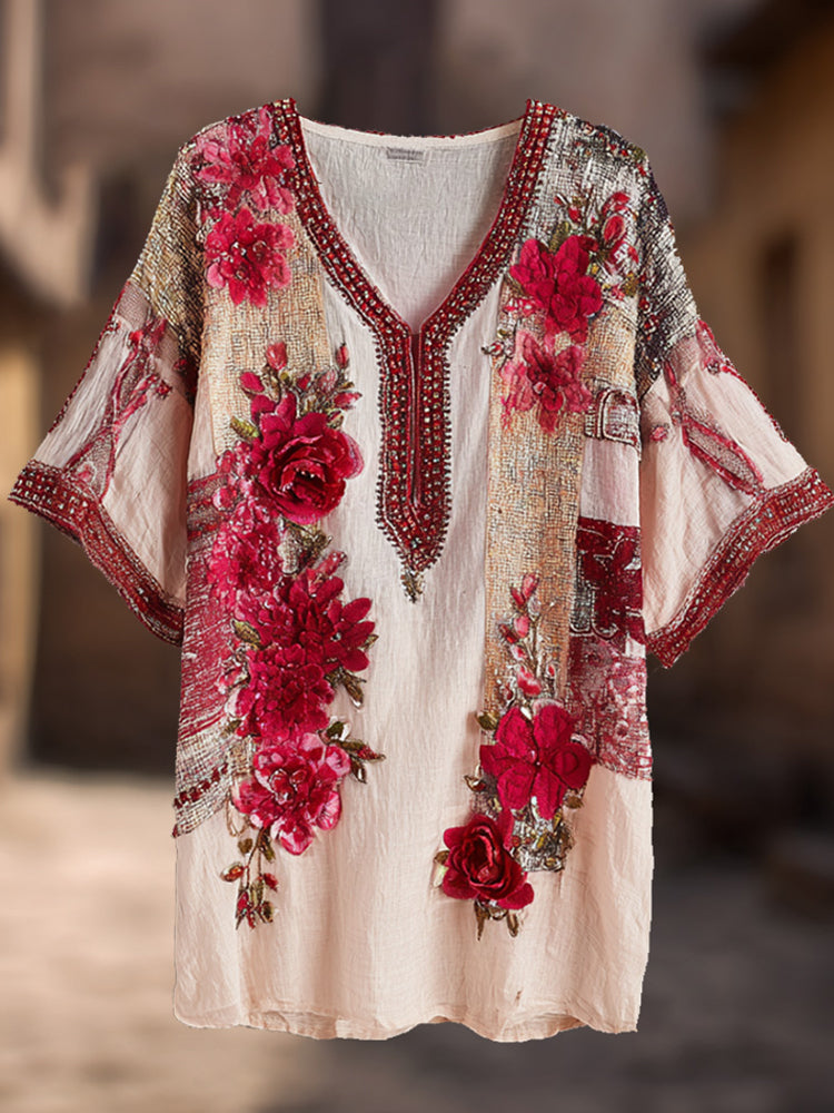 Bohemian Rhapsody, Red Rose, Rhinestone, V-neck, Loose, Short-sleeved T-shirt artswardrobe