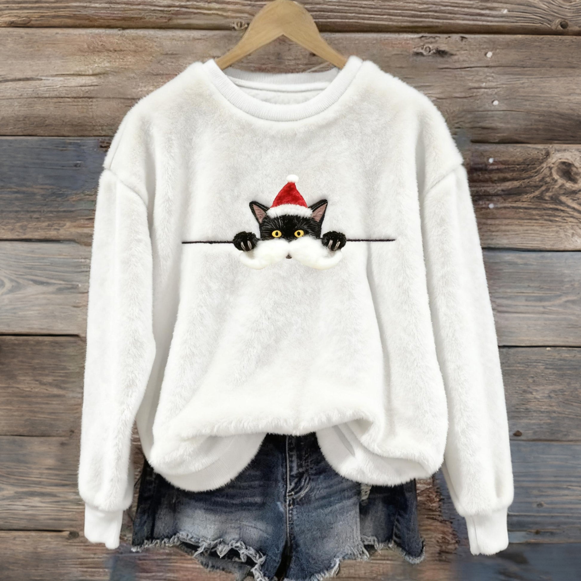 Comstylish Women's Fun Christmas Black Cat Art Cozy Flannel Sweatshirt