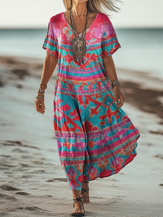 Women's Art Painting Hippie Vintage Print V-Neck Dress