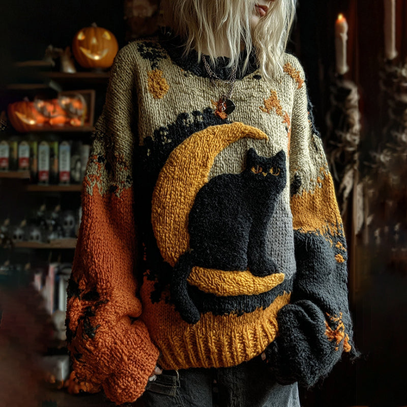 Halloween Black Cat Patchwork Art Cozy Knit Sweater artswardrobe