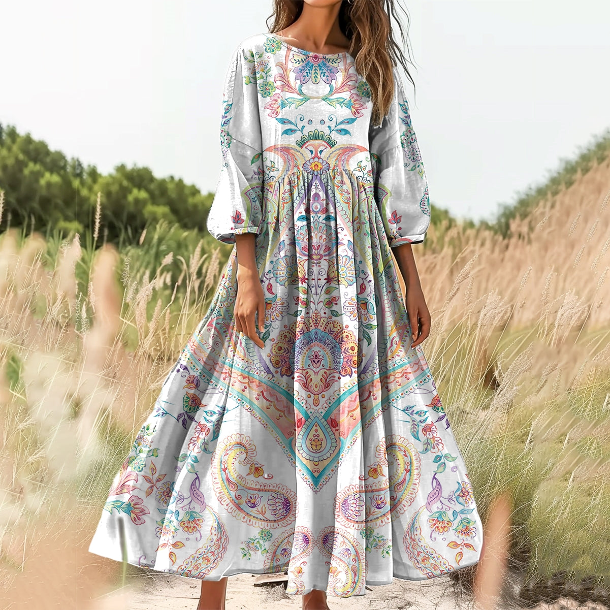 Women's Floral Embellished Pattern Art Print Cotton Crew Neck Dress