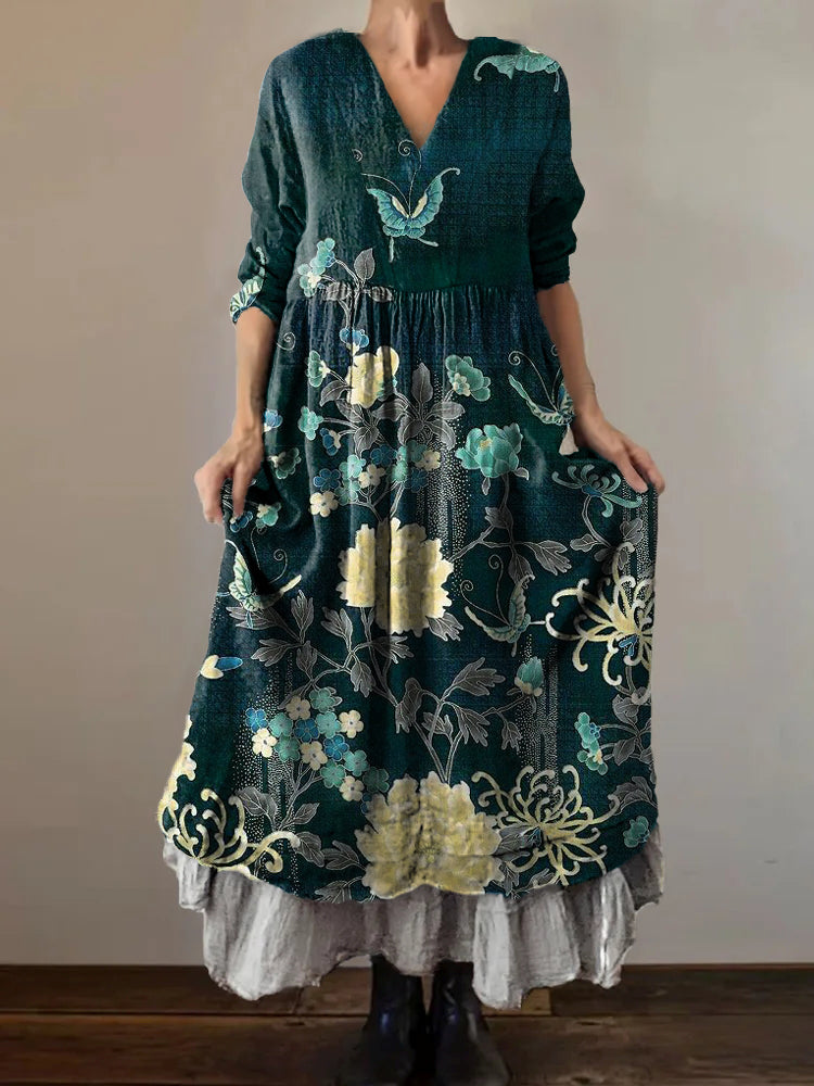 Women's Floral Art Print V-Neck Button Pocket Cotton Dress