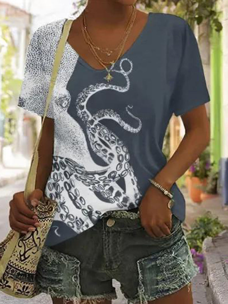 Comstylish Japanese Art Octopus Graphic Print V-neck T-shirt
