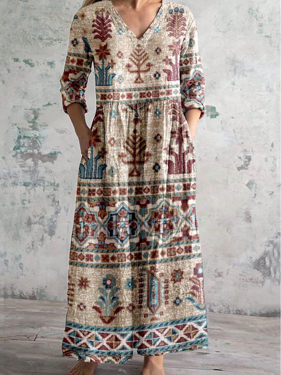 Women's V-Neck Vintage Geometric Floral Print Dress With Pockets