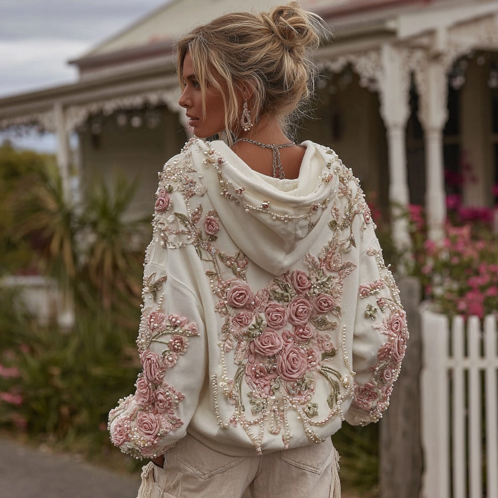 Comstylish Women's Bohemian Floral Embroidered Casual Hoodie