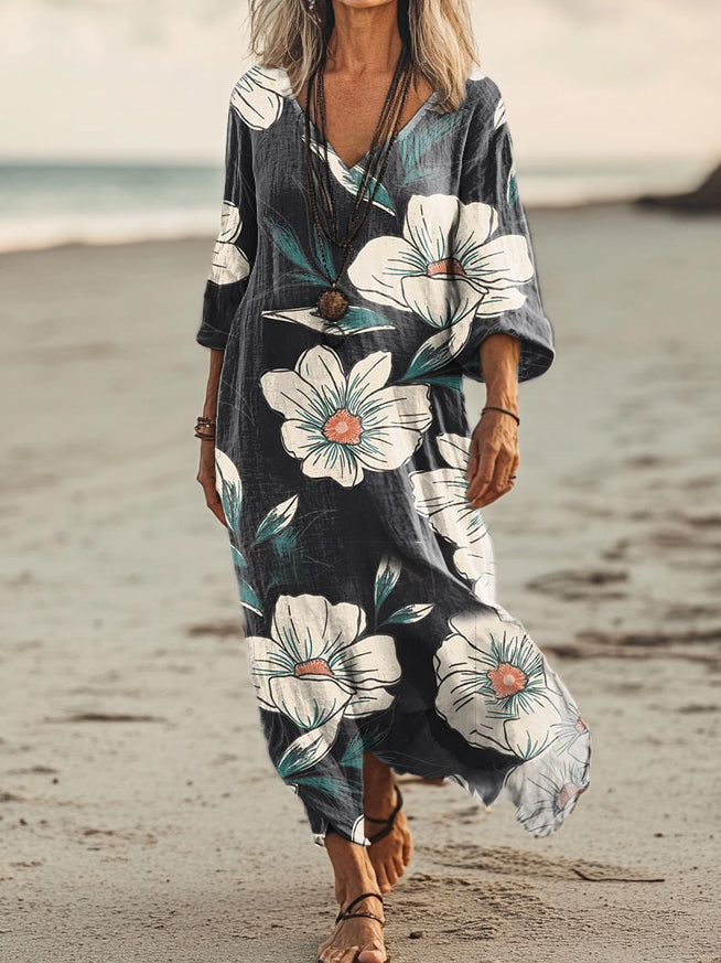 Women's Floral Art Print Pocket Cotton Dresses