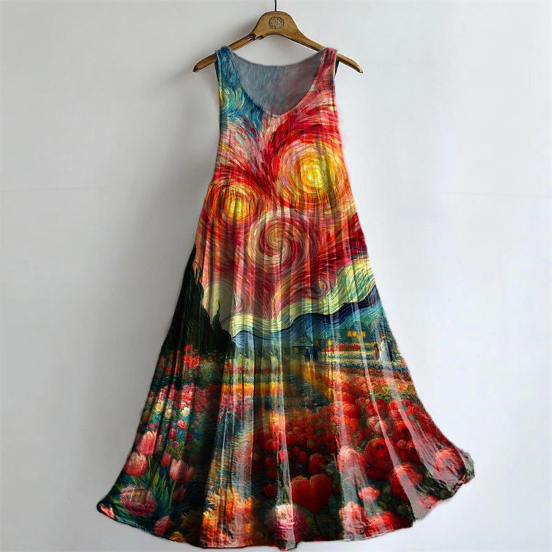Women's Vintage Floral Art Print Crew Neck Sleeveless Cotton Pocket Dr