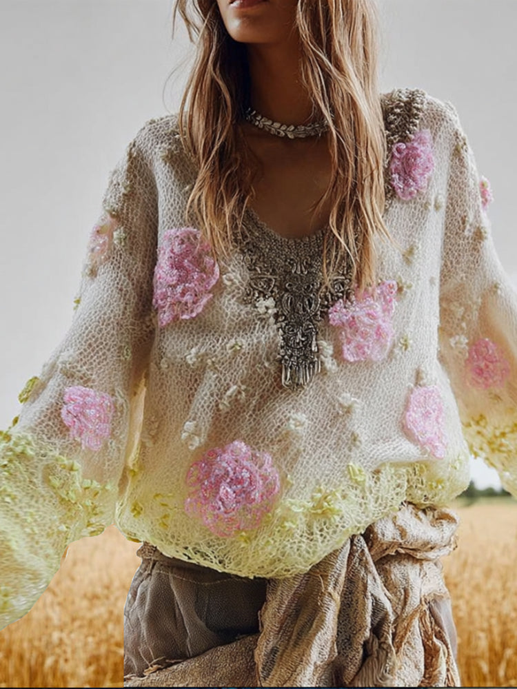 Women's Vintage Floral Long-sleeved V-neck Sweater artswardrobe