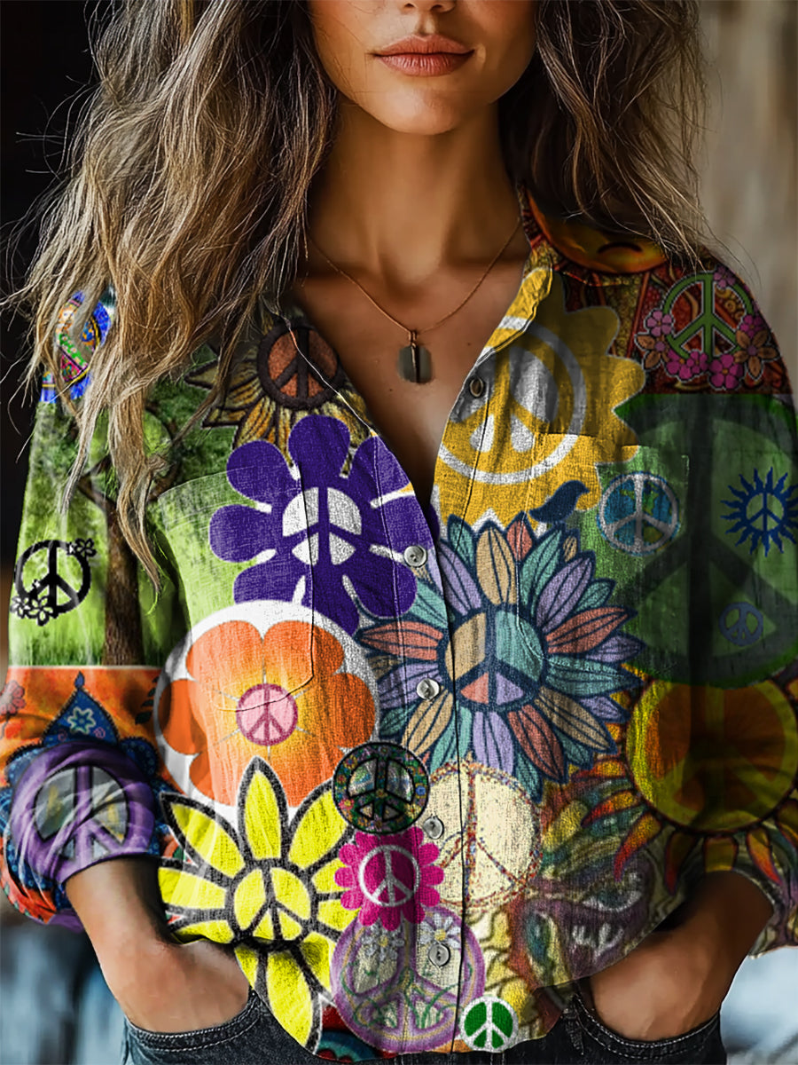 Women's Hippie Art Print Casual Long Sleeve Comfortable Cotton Shirt