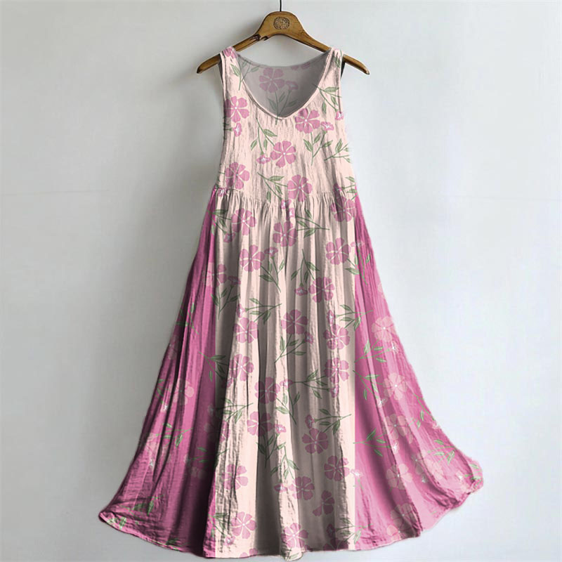 Women's Floral Art Print Sleeveless Cotton Pocket Dress