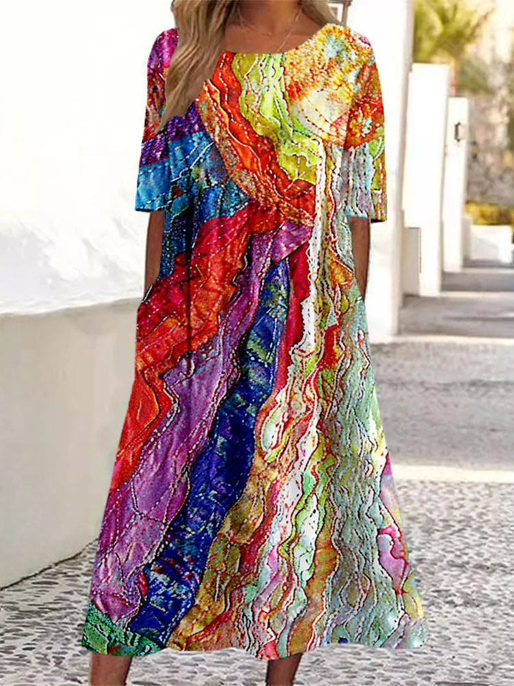 Colorful Boho Patchwork Linen Blend Maxi Dress artswardrobe